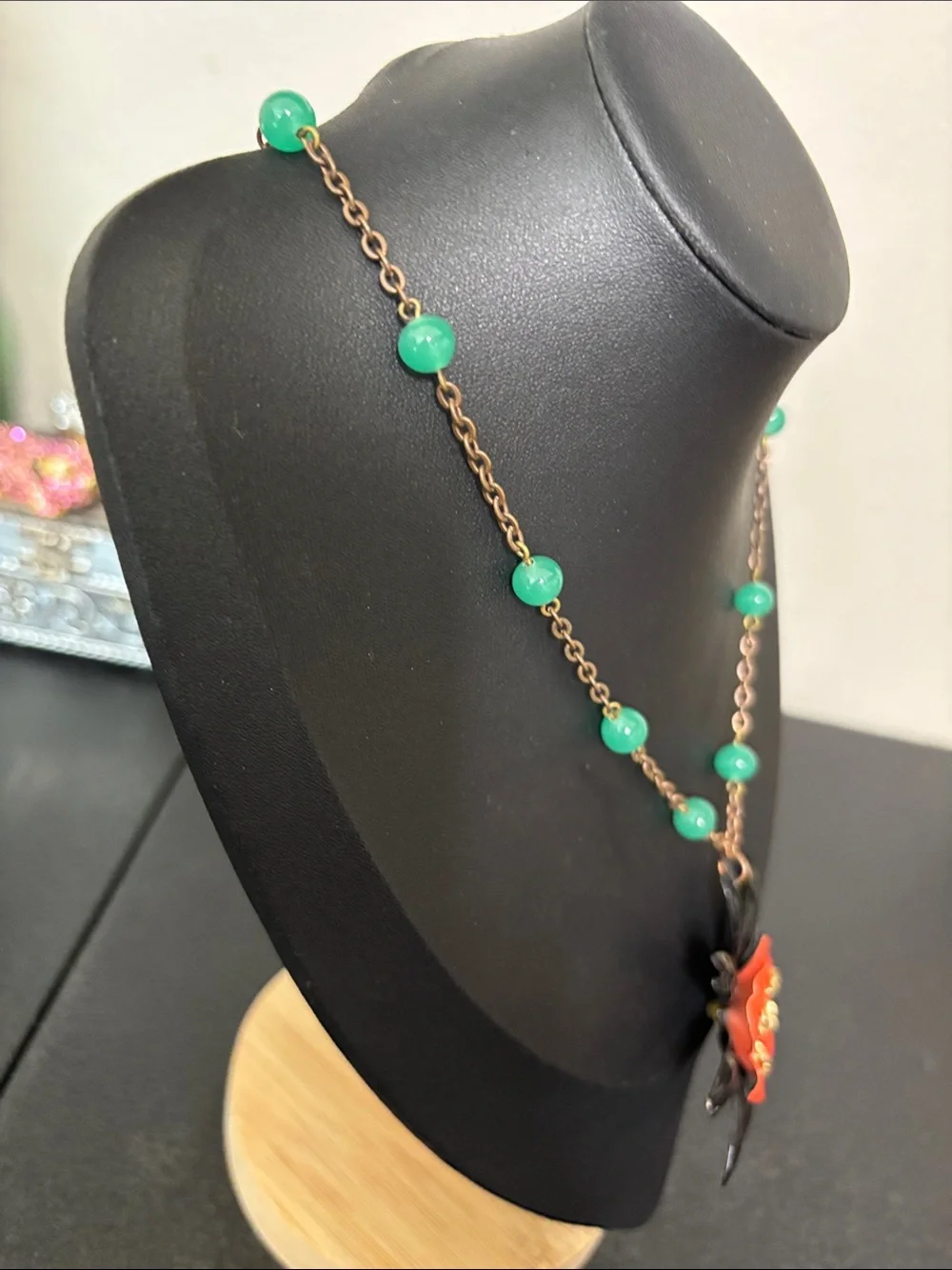Vintage Metal Handcrafted Red Flower Pendant Necklace Green Accents